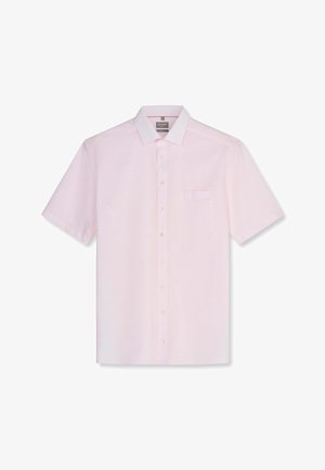 Hellrosa kurzärmeliges Herrenhemd mit Knopfleiste, spitzem Kragen und Brusttasche, dargestellt vor weißem Hintergrund.