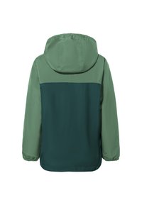 Hooded jack in twee tinten groen; bovenste helft is lichtgroen, onderste helft is donkergroen; gladde stof met elastische manchet.