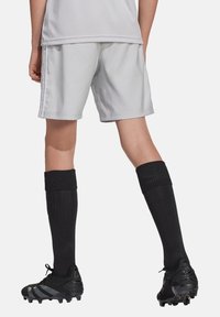 Grijze sportshorts met drie witte strepen aan de zijkanten, gecombineerd met zwarte knielange sokken en zwarte voetbalschoenen.