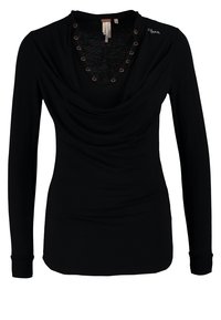 Zwarte lange mouwen fitted top met een diepe V-hals versierd met metalen oogjes en geplooid stof over de borst.