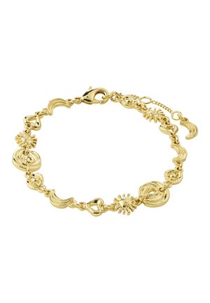 Gold bracelet with sun, heart, wave, and circular charms linked by small chains and a clasp closure with adjustable extension chain.