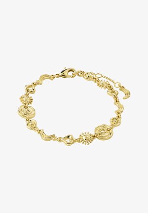 Gold bracelet with sun, heart, wave, and circular charms linked by small chains and a clasp closure with adjustable extension chain.
