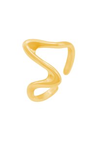 Anello in metallo dorato con un design fluido e ondulato. Presenta bordi lisci e una forma aperta irregolare. La finitura lucida ne esalta l'appeal visivo.