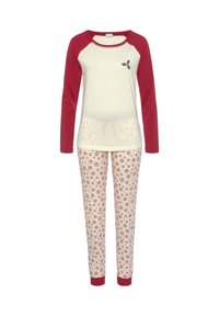 Lange mouwen pyjama bovenstuk in crème met rode mouwen en een hulstontwerp; bijpassende rode en crème broeken met een sneeuwvlokpatroon.