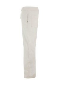 Lichtbeige linnen broek met een rechte snit, elastische tailleband en aansnoerkoord. Heeft een zijzak voor extra gebruiksgemak.