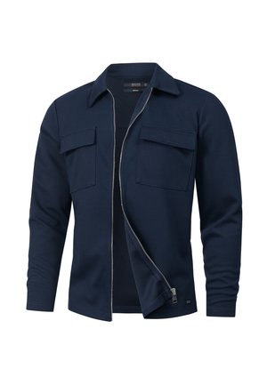 Marineblaue Zip-Jacke mit langen Ärmeln, zwei Brusttaschen und einer glatten Textur. Verfügt über einen Kragen und ein dezentes Vordernahtdetail.