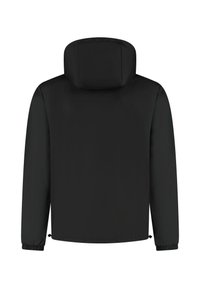 Czarna kurtka z kapturem, z długimi rękawami, elastycznymi mankietami i sznurkiem w dolnej części. Gładka, matowa tekstura, minimalistyczny design.