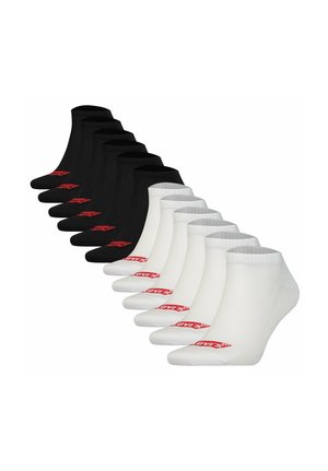 Ten pairs of ankle socks in black and white, each with red text on the toe area.