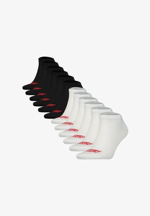 Zehn Paar Knöchelsocken in Schwarz und Weiß, jeweils mit rotem Text im Zehenbereich.