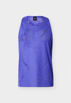 Purple sleeveless athletic top with mesh fabric and subtle geometric patterns, featuring a small Asics logo near the neckline.