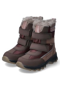 Bruine waterdichte laarzen met een grijze nepbontkraag, drie klittenbandsluitingen, versterkte neus, gestructureerde rubberen zool en maroon accenten.