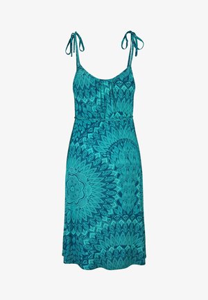 Vestido veraniego sin mangas color turquesa con tirantes anudados y un intrincado patrón de mandala en tonos teal más oscuros, con cintura ceñida.