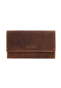 Cartera de cuero marrón con costuras visibles, tapa plegable y logo emblema centrado en el frente.