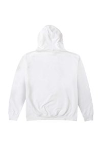 Sudadera blanca con capucha, tejido suave, manga larga, puños y bajo acanalados, textura lisa, vista posterior, sin logos ni patrones visibles.