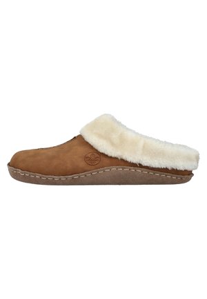 Brown slip-on slipper with a soft light beige fur lining and textured suede upper. Features stitched detail along the sole for durability.