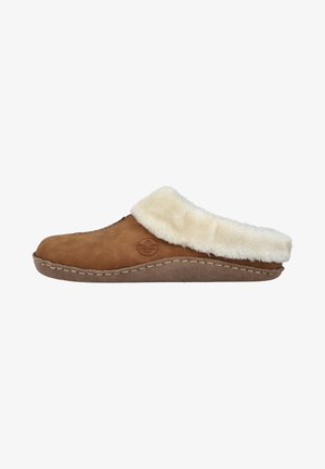 Brown slip-on slipper with a soft light beige fur lining and textured suede upper. Features stitched detail along the sole for durability.