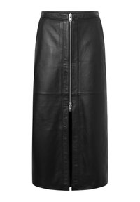 Zwarte leren midi-rok met een zilveren rits aan de voorkant en een split, op maat gemaakt met verticale naaddetails.