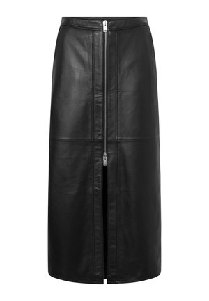 Jupe midi en cuir noir avec fermeture éclair argentée à l'avant et fente, coupe ajustée avec un détail de couture verticale.