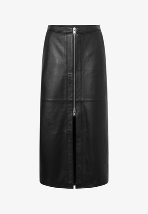 Zwarte leren midi-rok met een zilveren rits aan de voorkant en een split, op maat gemaakt met verticale naaddetails.