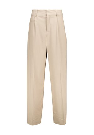 Beige wide-leg trousers made of smooth fabric, featuring a high waist, belt loops, front pockets, and a crease down the center of each leg.