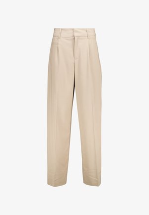 Beige wide-leg trousers made of smooth fabric, featuring a high waist, belt loops, front pockets, and a crease down the center of each leg.