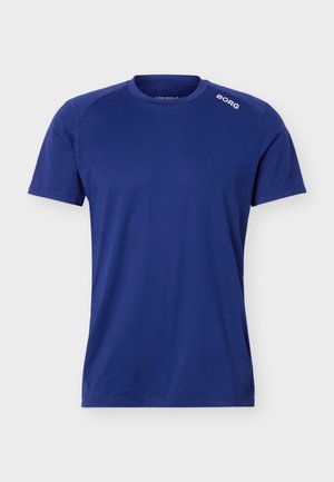 Camiseta deportiva azul de manga corta con cuello redondo y logotipo blanco "BORG" en el hombro izquierdo, mostrada sobre un fondo liso.