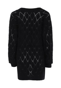 Maglione nero lavorato a maglia con un motivo a diamante, maniche lunghe e fit morbido. Il retro presenta un design a tessitura aperta per un tocco di texture in più.