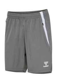 Grijze sportshorts met een elastische tailleband, witte zijkanten en een klein logo op de ondervoorzijde. Voorzien van ritssluitingen in de zakken.