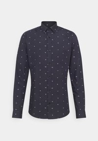Camicia a maniche lunghe di colore blu navy con piccoli motivi a stelle sparse in azzurro chiaro e bianco.