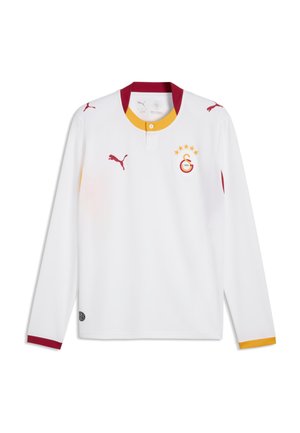 Langærmet hvid fodboldtrøje med rød og gul krave, Puma-logoer og Galatasaray klubemblem med fem stjerner på brystet.