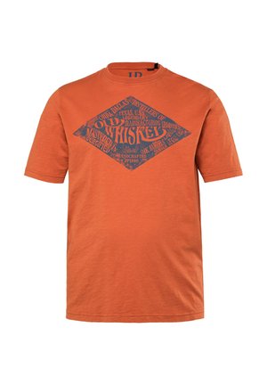 Tričko s krátkým rukávem v oranžové bavlně, s kontrastní modrou grafiku ve tvaru diamantu a textem o destilaci whisky.