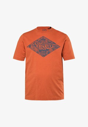 Tričko s krátkým rukávem v oranžové bavlně, s kontrastní modrou grafiku ve tvaru diamantu a textem o destilaci whisky.