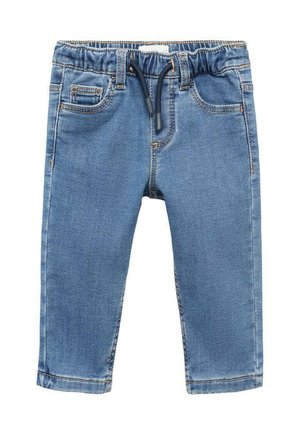 Pantalon en denim bleu clair avec une taille élastique et un cordon de serrage, comportant des poches avant et des coutures décoratives sur les coutures.
