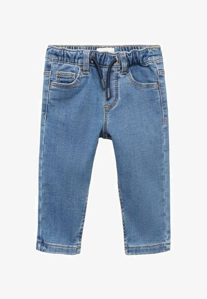 Pantaloni din denim de culoare albastru deschis, cu un talie elastică și șnur, având buzunare frontale și detalii de cusătură pe cusături.