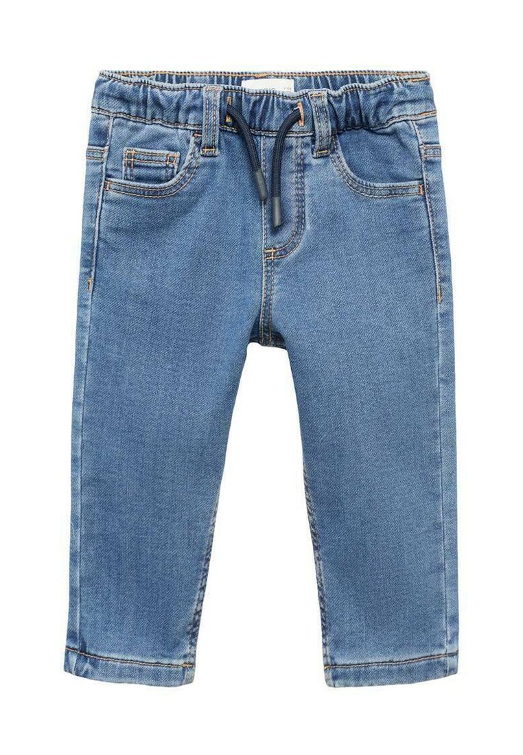 Pantaloni din denim de culoare albastru deschis, cu un talie elastică și șnur, având buzunare frontale și detalii de cusătură pe cusături.