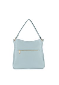 Sac fourre-tout en cuir bleu clair avec une texture lisse, un design courbé et une poche zippée à l'avant. Dispose d'une seule bandoulière réglable.