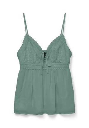 Caraco sans manches en dentelle et chiffon vert avec bretelles réglables et détail noué devant.