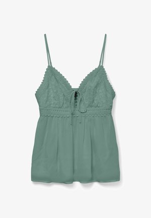 Roheline pitsist ja šifoonist varrukateta kampsun reguleeritavate rihmade ja eesmine lipsukujuline detail.