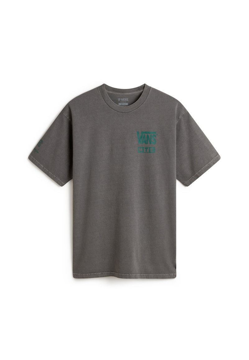 Grå bomulds t-shirt med rund hals, korte ærmer og en diskret grøn "VANS" logo foran og på ærmet. Glat tekstur.