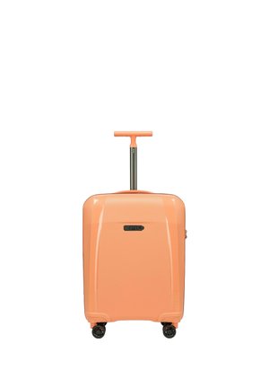 Compact orange hard-shell suitcase with four wheels and extended telescopic handle, branded "EPIC" on front panel.