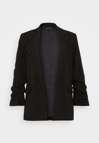 Černý blazer vyrobený z hladkého materiálu, s klopovým límcem, dlouhými rukávy a dvěma bočními kapsami. Bez knoflíků, otevřený design.