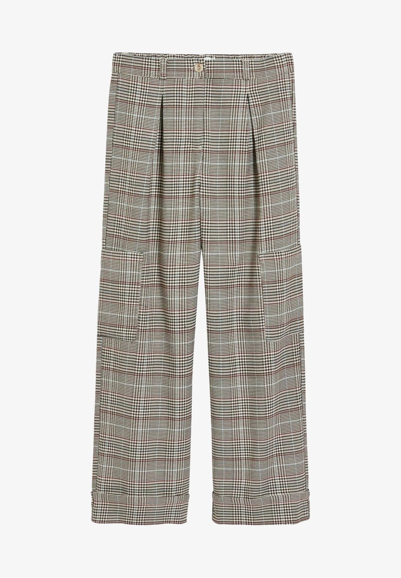 Pantalon à jambes larges en prince de Galles beige et marron, avec plis sur le devant, poches plaquées latérales, ceinture avec passants, et fermeture à bouton.