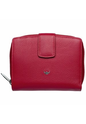 Portefeuille en cuir rouge avec une finition texturée, fermeture à rabat à l'avant et détails en métal argenté. Dispose d'un bord zippé pour plus de sécurité.