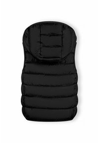 Gilet rembourré noir avec une capuche haute et arrondie. Présente des sections matelassées et un tissu doux et brillant. Design élégant et ajusté sans fermetures.