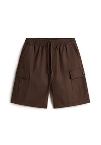 Brązowe szorty cargo z elastycznym pasem, sznurkiem i dwiema kieszeniami bocznymi. Tkanina ma gładką fakturę i casualowy design.