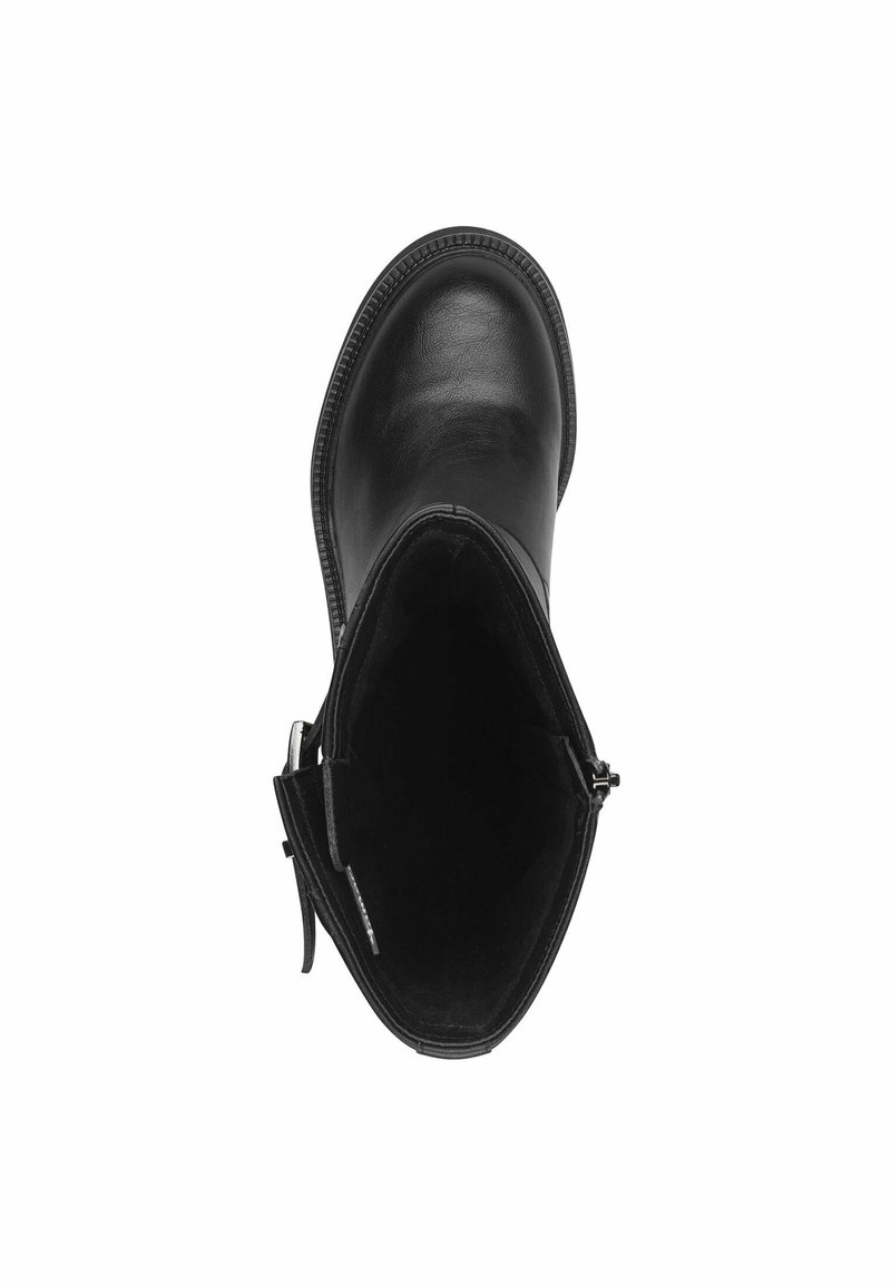 Zwarte leren enkelboot met een gladde afwerking, een ronde neus en een zijrits; het interieur heeft een zachte textuur voor comfort.