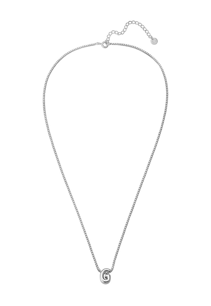 Sidabrinė grandinėlė su lygiais, apvaliais žiedais, kurią papuošia apvalus "G" pakabukas ir reguliuojama sagtis su grandinėlės prailginimu.