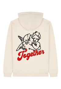Felpa crema con grafica sul retro di due figure abbracciate, contornate in nero e rosso, con la scritta "Insieme" sottostante, in materiale di cotone leggero.
