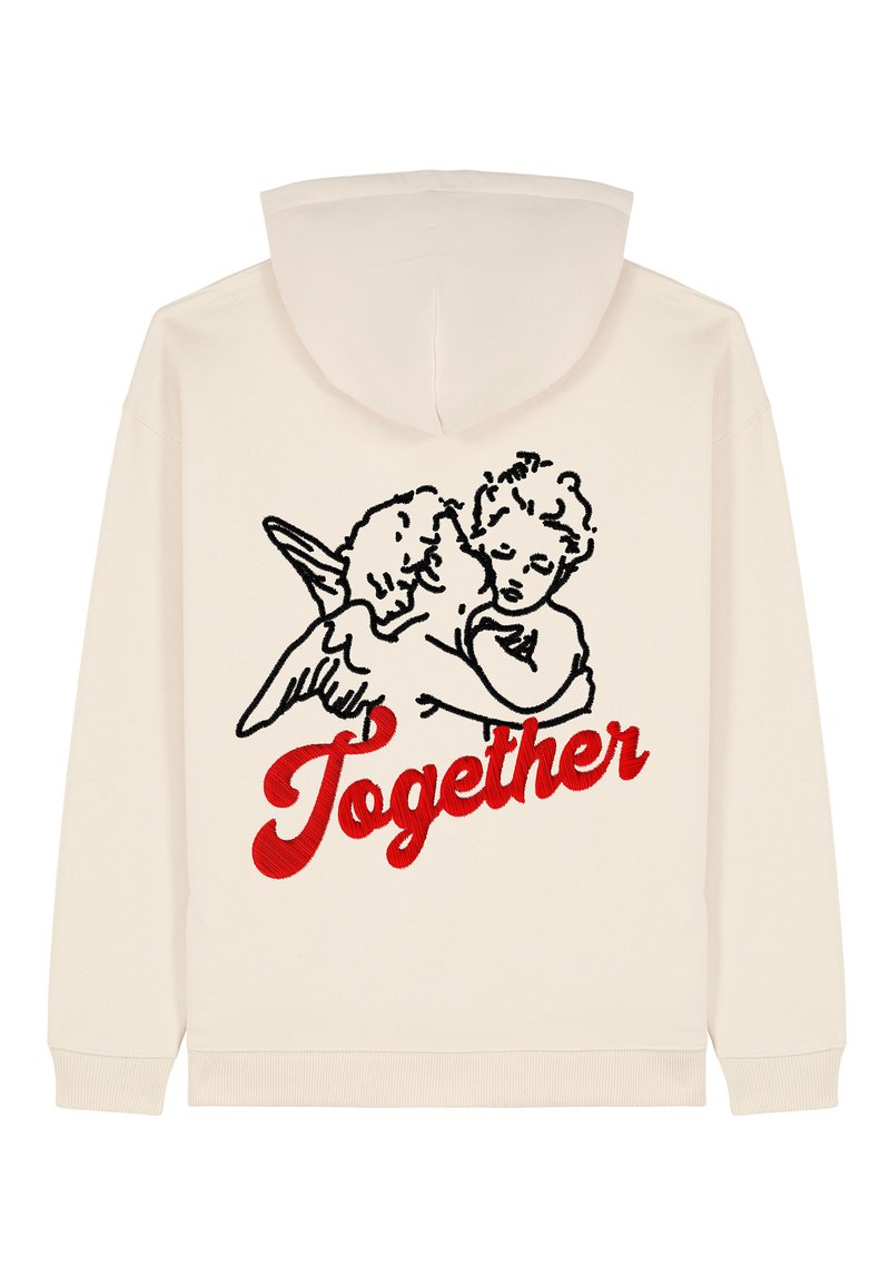 Felpa crema con grafica sul retro di due figure abbracciate, contornate in nero e rosso, con la scritta "Insieme" sottostante, in materiale di cotone leggero.