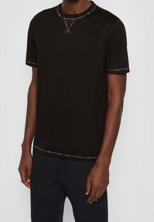 Zwarte T-shirt met korte mouwen, versierd met kleurrijke patronen op de halslijn en mouwen. Soepele, lichtgewicht stof, ontspannen pasvorm.